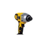 Atornillador de impacto inalámbrico Pretul de 1/4 pulgada y 20V, vista lateral del cabezal plateado y cuerpo amarillo