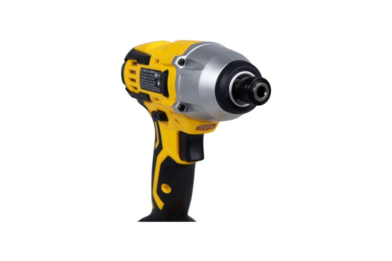 Atornillador de impacto inalámbrico Pretul de 1/4 pulgada y 20V, vista lateral del cabezal plateado y cuerpo amarillo