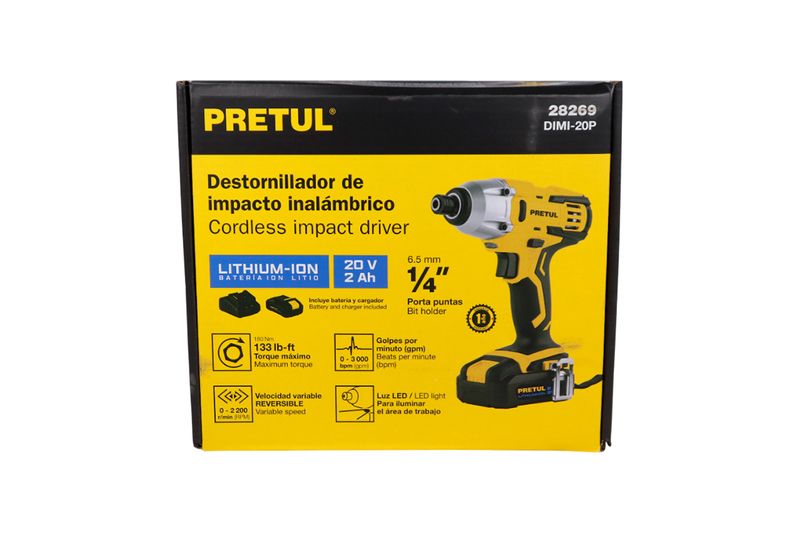 Atornillador de impacto inalámbrico Pretul de 1/4 pulgada y 20V, en su caja amarilla con ilustración del equipo