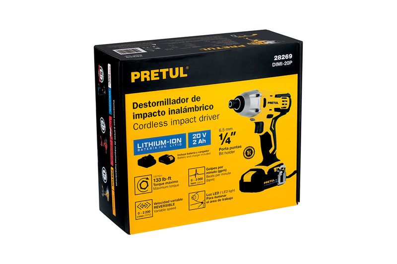 Atornillador de impacto inalámbrico 1/4 pulgada 20V Pretul, caja de cartón amarilla con ilustración del equipo