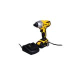 Atornillador de impacto inalámbrico 1/4 pulgada 20V Pretul, equipo amarillo con cargador y batería negra al lado