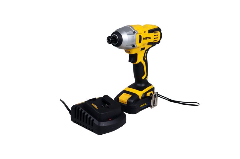 Atornillador de impacto inalámbrico 1/4 pulgada 20V Pretul, equipo amarillo con cargador y batería negra al lado