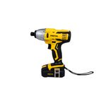 Atornillador de impacto inalámbrico Pretul de 1/4 pulgada y 20V, vista lateral del equipo en color amarillo y negro