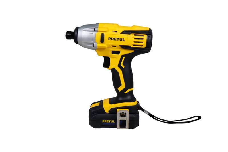 Atornillador de impacto inalámbrico Pretul de 1/4 pulgada y 20V, vista lateral del equipo en color amarillo y negro