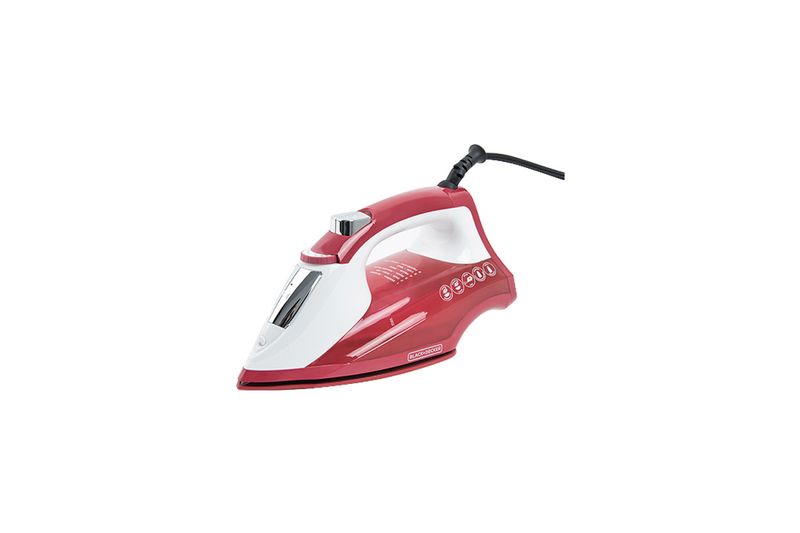 Plancha a vapor suela antiadherente roja Black+Decker, vista lateral con cuerpo rojo y blanco sobre fondo blanco