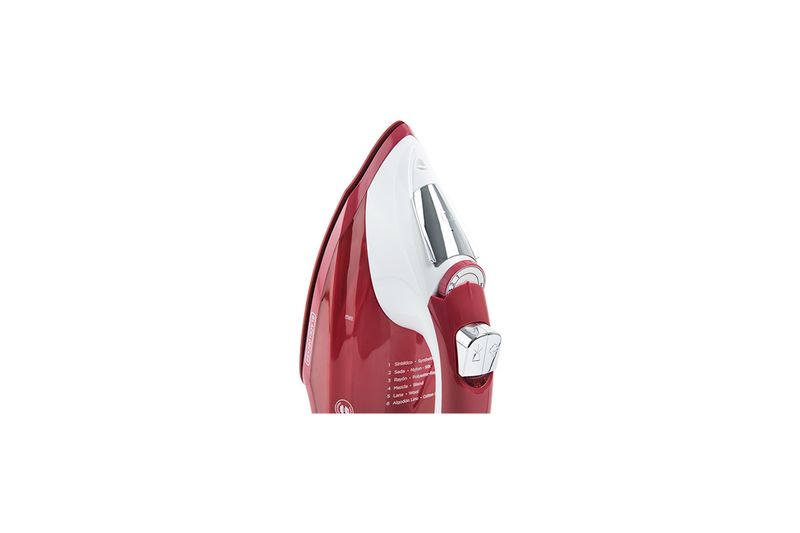 Plancha a vapor suela antiadherente roja TrueGlide Black+Decker, vista lateral del cuerpo y dial de temperatura