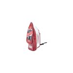 Plancha a vapor suela antiadherente roja TrueGlide Black+Decker, vista lateral de la suela con etiquetas informativas