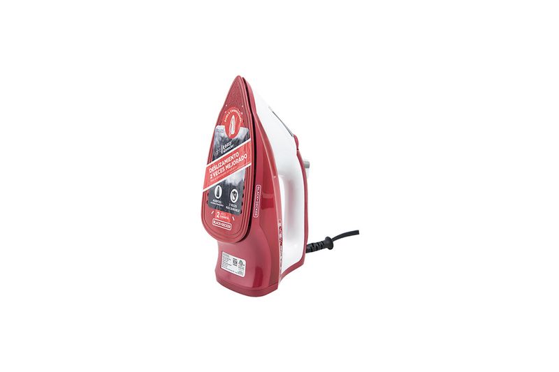 Plancha a vapor suela antiadherente roja TrueGlide Black+Decker, vista lateral de la suela con etiquetas informativas