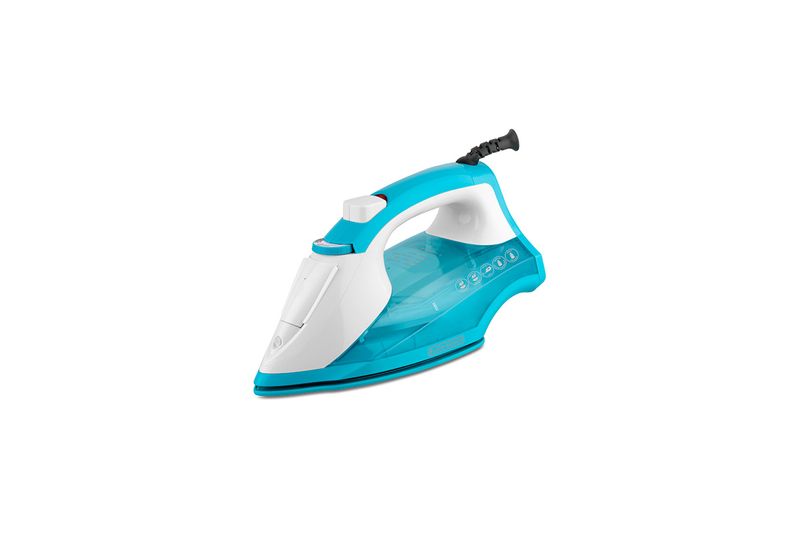 Plancha a vapor suela antiadherente celeste TrueGlide Black+Decker, vista diagonal del equipo en colores celeste y blanco