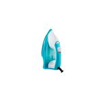 Plancha a vapor suela antiadherente celeste TrueGlide Black+Decker, vista lateral trasera con depósito de agua