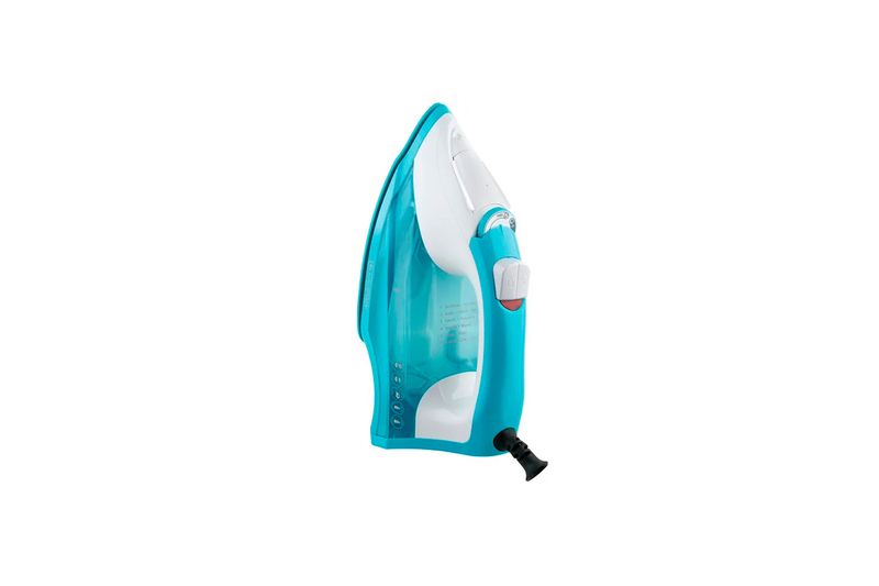 Plancha a vapor suela antiadherente celeste TrueGlide Black+Decker, vista lateral trasera con depósito de agua
