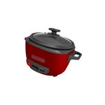 Arrocera de 14 tazas roja Black+Decker, vista frontal en ángulo con tapa de vidrio y botones de control iluminados