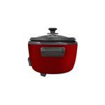 Arrocera de 14 tazas roja Black+Decker, vista frontal del cuerpo rojo con tapa de vidrio y asa lateral gris