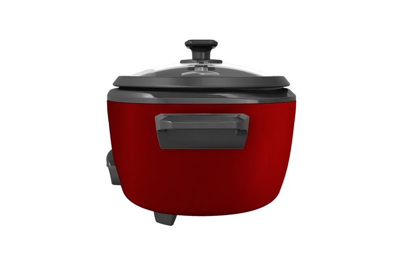 Arrocera de 14 tazas roja Black+Decker, vista frontal del cuerpo rojo con tapa de vidrio y asa lateral gris