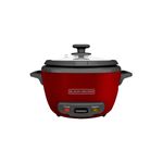 Arrocera 14 tazas roja Black+Decker, vista frontal con tapa de vidrio y botones de cocción y calentado