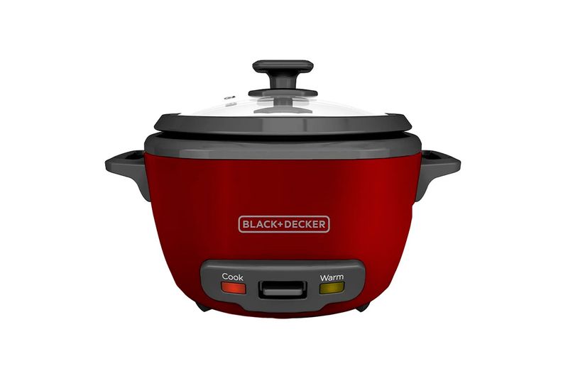 Arrocera 14 tazas roja Black+Decker, vista frontal con tapa de vidrio y botones de cocción y calentado