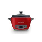 Arrocera de 14 tazas roja Black+Decker, vista frontal del equipo con tapa gris y botones de encendido