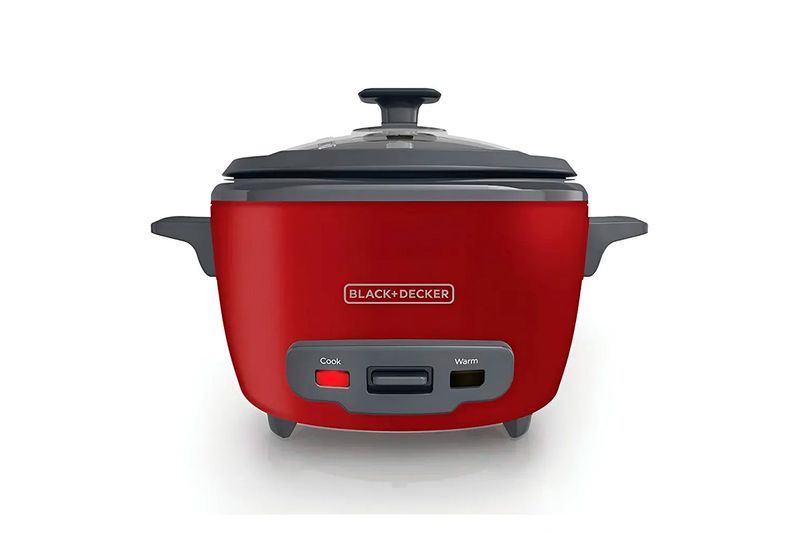 Arrocera de 14 tazas roja Black+Decker, vista frontal del equipo con tapa gris y botones de encendido