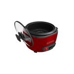 Arrocera 14 tazas roja Black+Decker, vista superior con tapa de vidrio abierta y recipiente interno negro