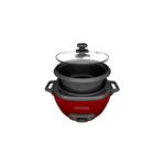 Arrocera de 14 tazas roja Black+Decker, vista frontal con tapa de vidrio abierta y recipiente interno expuesto
