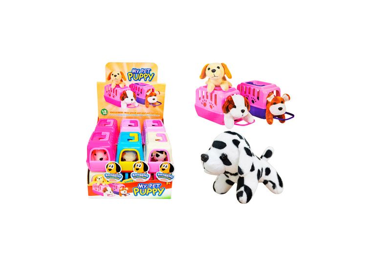 Mini mascota perro con estuche para transporte Diamond Visions, variedad de peluches y transportadoras en su empaque