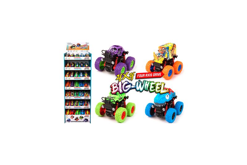 Carros de colección Big Wheel 4x4 Diamond Visions, exhibidor de cartón con cuatro modelos en colores púrpura, amarillo
