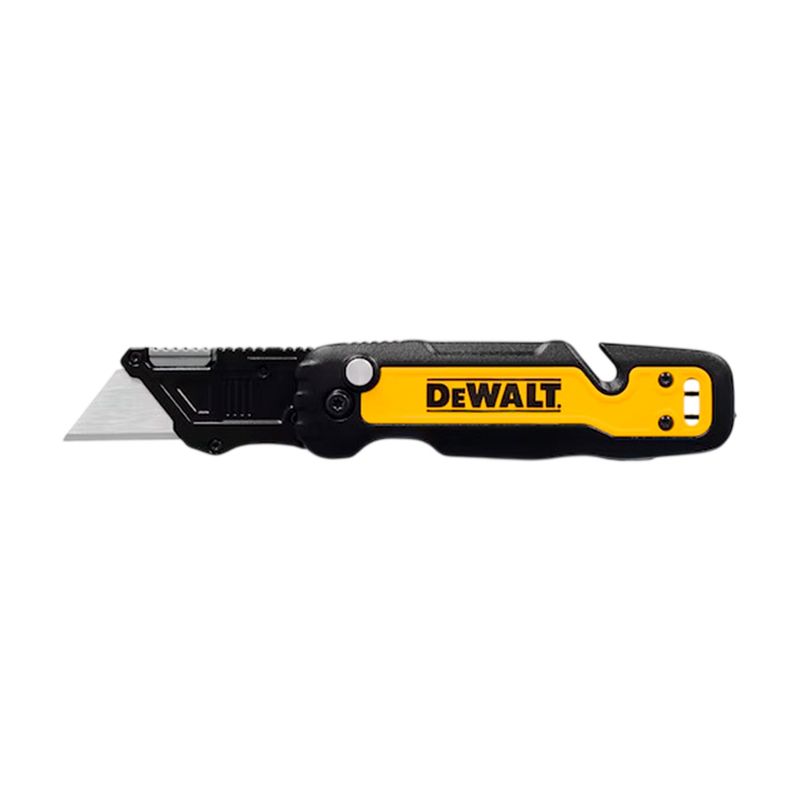 Navaja plegable de espacio de almacenamiento 31 mm DeWALT, vista lateral con hoja extendida y mango amarillo y negro
