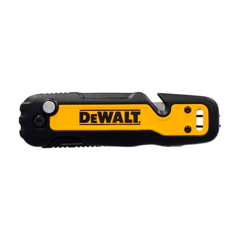 Navaja plegable DeWALT de 31 mm, vista lateral del mango negro y amarillo con el logotipo de la marca