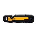 Navaja plegable DeWALT de 31 mm, vista lateral del mango negro con detalle amarillo y clip metálico