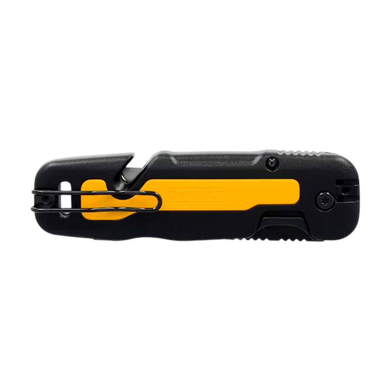 Navaja plegable DeWALT de 31 mm, vista lateral del mango negro con detalle amarillo y clip metálico