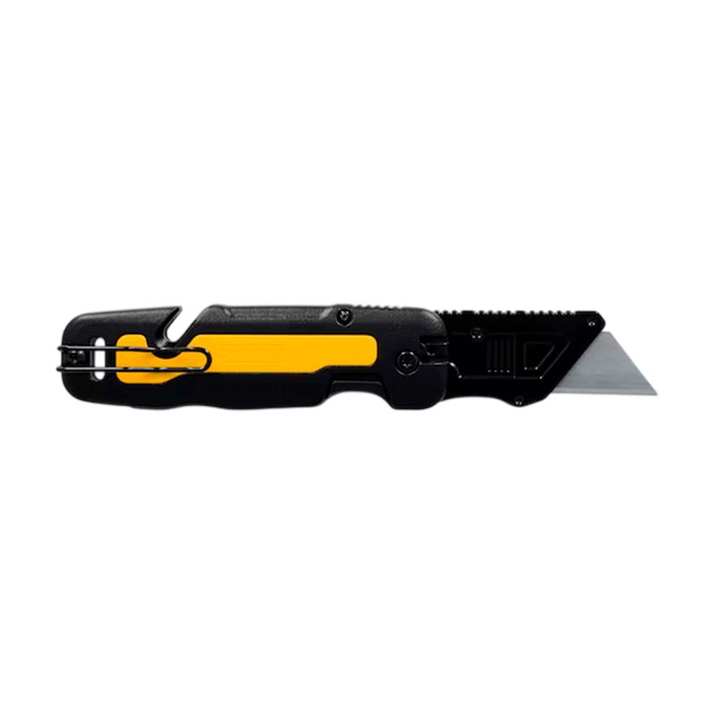 Navaja plegable DeWALT de 31 mm, vista lateral con la hoja desplegada y clip metálico en el mango negro y amarillo