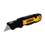 Navaja plegable DeWALT de 31 mm, vista lateral con hoja extendida y mango amarillo y negro