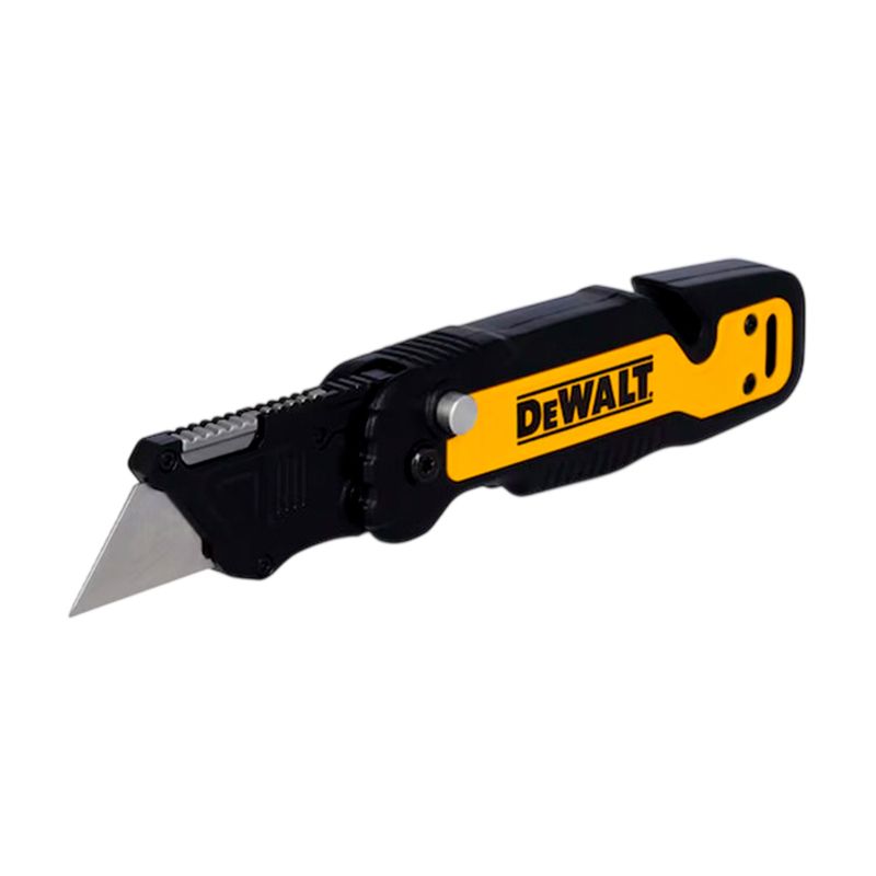 Navaja plegable DeWALT de 31 mm, vista lateral con hoja extendida y mango amarillo y negro