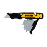 Navaja plegable DeWALT de 31 mm, vista lateral con la hoja extendida y repuestos desplegados en la base