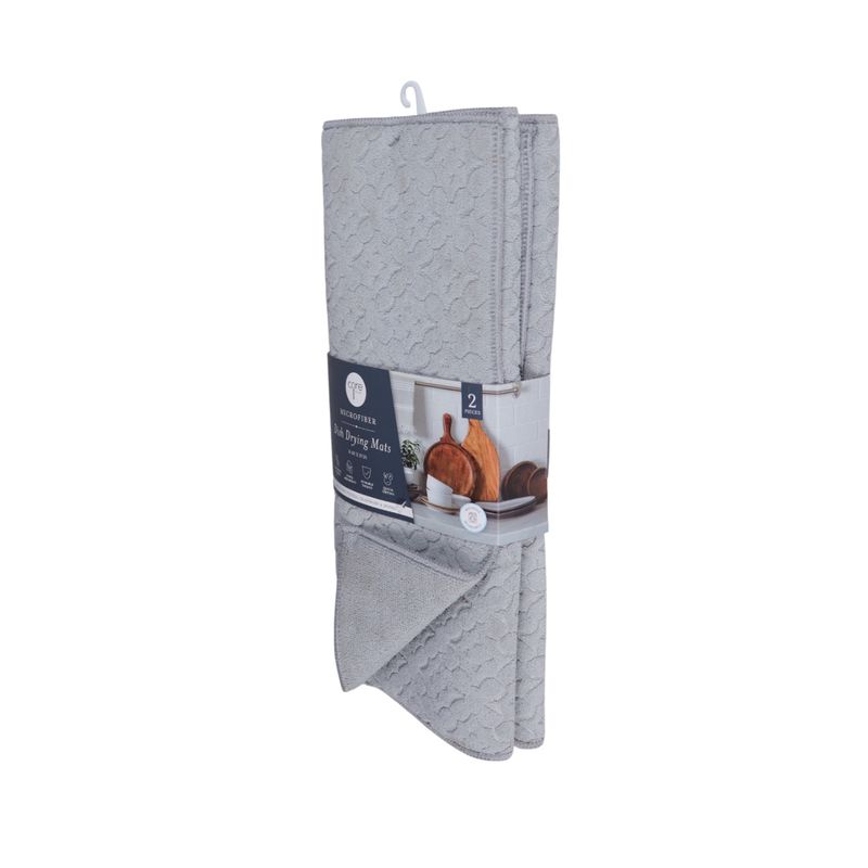 Tapete de secado para platos de microfibra 2 pzs Core Home, producto doblado en su empaque con etiqueta informativa