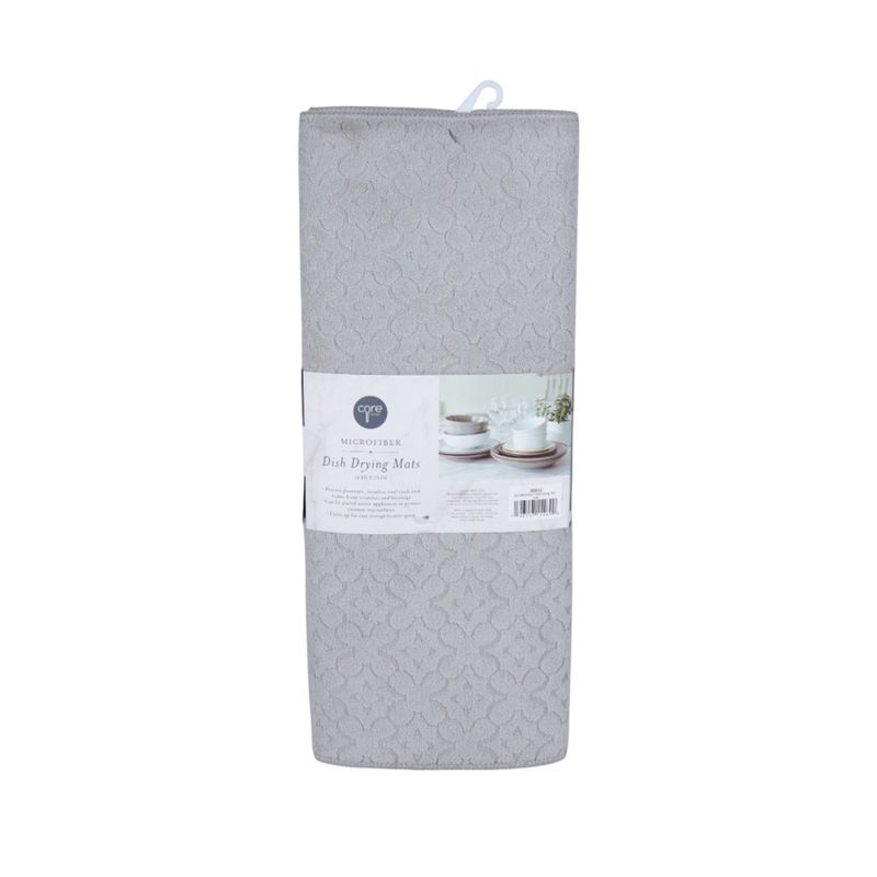 Tapete de secado para platos de microfibra 2 piezas Core Home, empaque cerrado con etiqueta y diseño texturizado gris