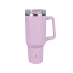 Botella insulada acero inox 40 oz Atlas con pajilla Manna, vista frontal de color rosa con asa y tapa transparente