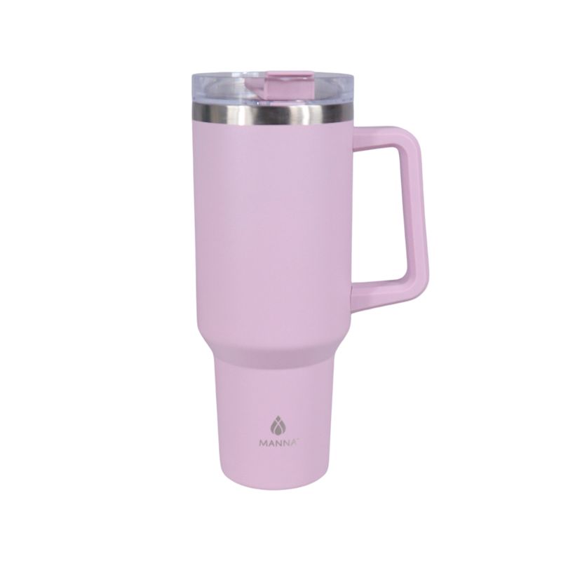 Botella insulada acero inox 40 oz Atlas con pajilla Manna, vista frontal de color rosa con asa y tapa transparente