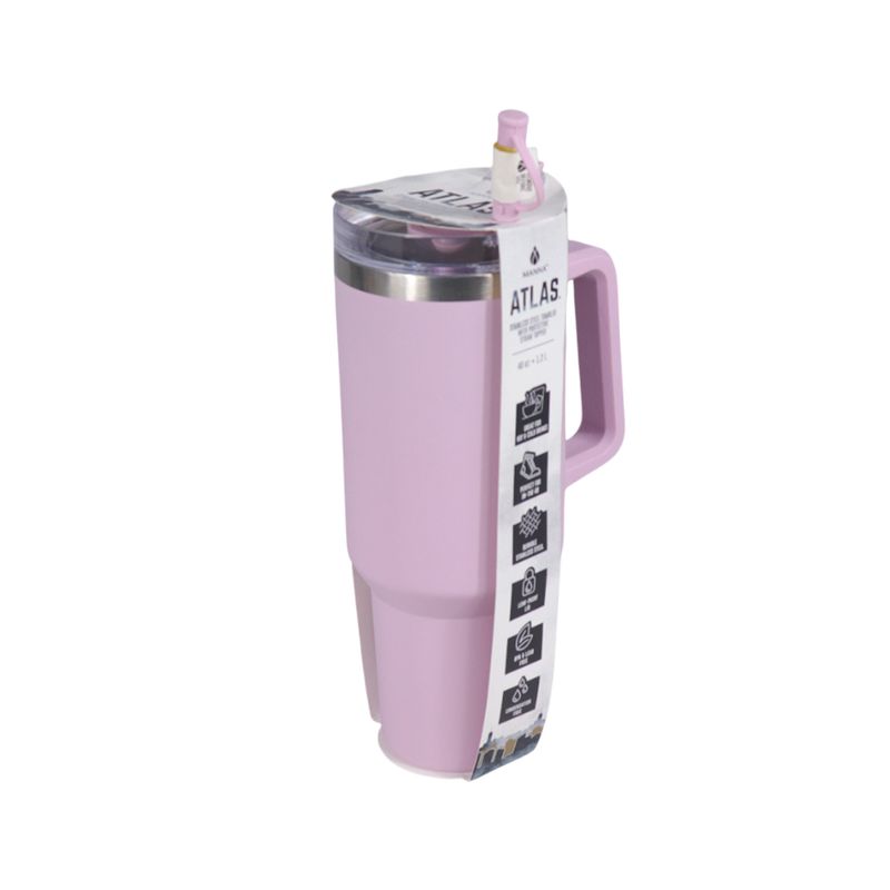 Botella insulada acero inox 40 oz Atlas con pajilla Manna, envase color lila en su empaque plástico con etiqueta