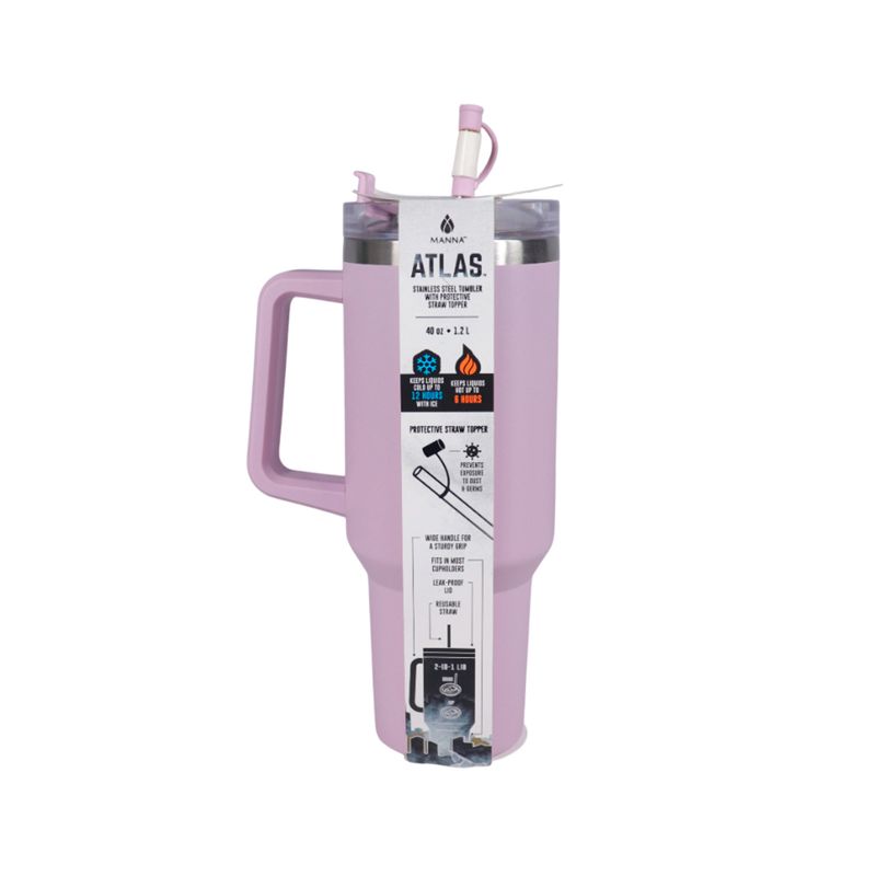 Botella insulada acero inox 40 oz Atlas con pajilla Manna, en su empaque transparente con detalles informativos