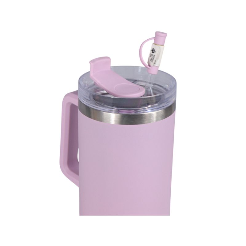 Botella insulada acero inox 40 oz Atlas con pajilla Manna, primer plano de la tapa transparente con pajilla rosa