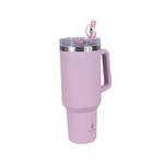 Botella insulada acero inox 40 oz Atlas con pajilla Manna, color rosa, vista frontal con asa y tapa transparente