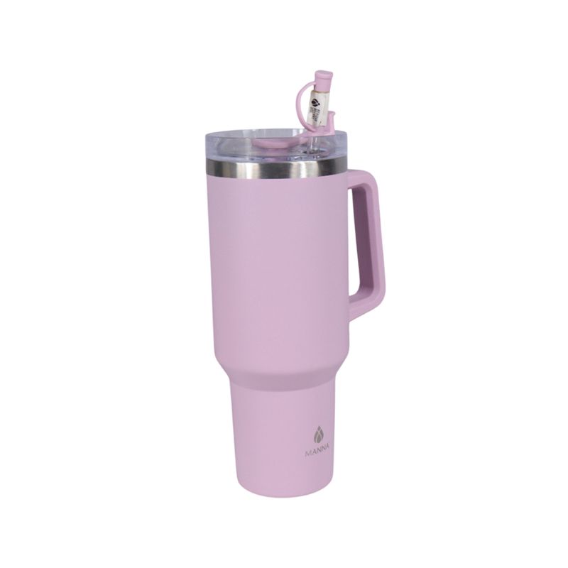 Botella insulada acero inox 40 oz Atlas con pajilla Manna, color rosa, vista frontal con asa y tapa transparente