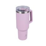 Botella insulada acero inox 40 oz Atlas con pajilla Manna, vista lateral de color rosa con asa y tapa transparente