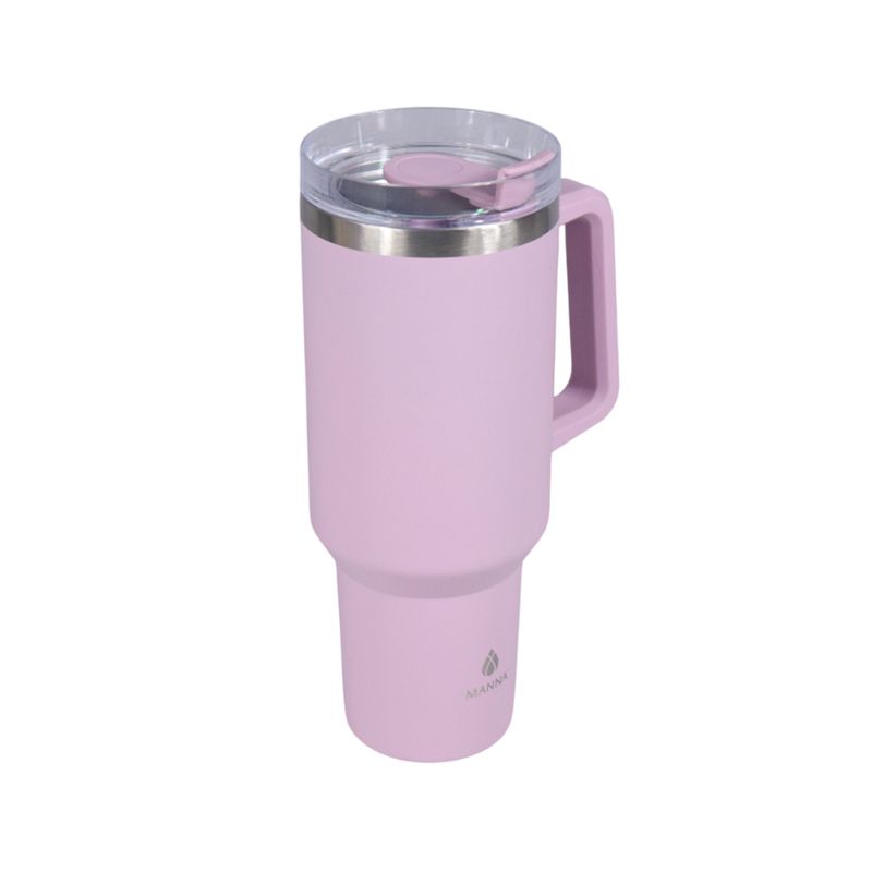 Botella insulada acero inox 40 oz Atlas con pajilla Manna, vista lateral de color rosa con asa y tapa transparente