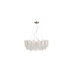 Luminaria colgante cristal Naia 8L E14 Blumenau, vista frontal con cristales en forma de hojas y estructura dorada