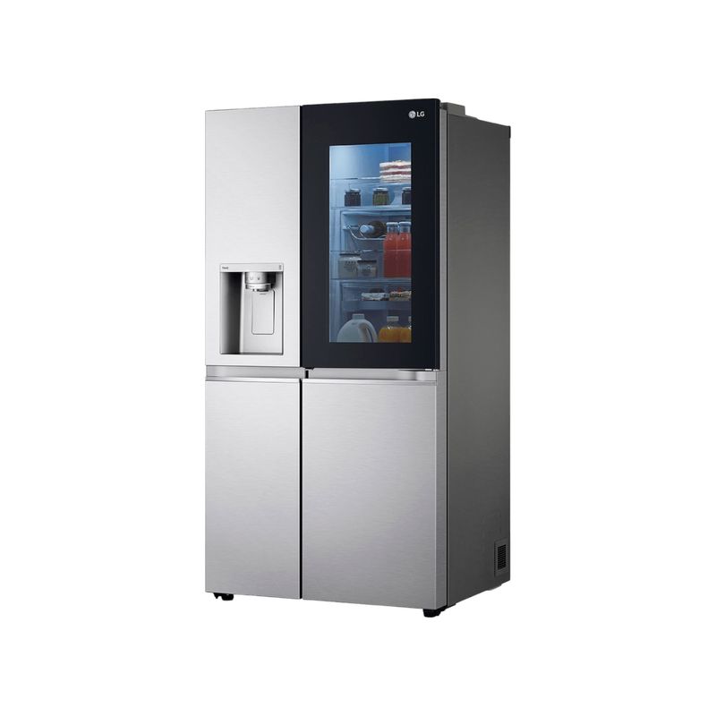 Refrigerador Inverter Instaview con dispensador SBS Craft Ice 612 L acero LG, vista diagonal con puerta derecha abierta