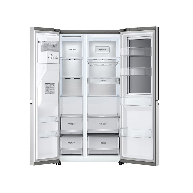 Refrigerador inverter Instaview con dispensador SBS Craft Ice 612 L acero LG, vista frontal con puertas abiertas