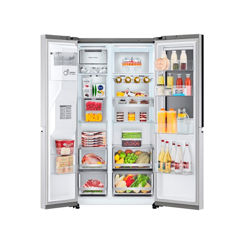 Refrigerador inverter Instaview con dispensador SBS Craft Ice 612 l acero LG, vista frontal abierto con alimentos y botellas