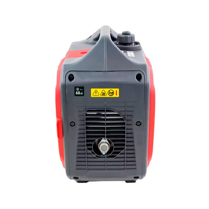 Generador inversor Ducati de 2000 W, 110 V y 3 HP, vista posterior del equipo en color rojo y gris con rejilla de ventilación